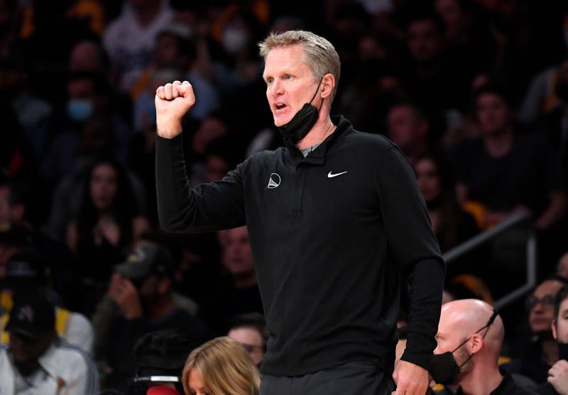  Head coach Steve Kerr of the Golden State Warriors reacts from the sideline during the second half against the Los Angeles Lakers at Staples Center on October 19, 2021 in Los Angeles, California.