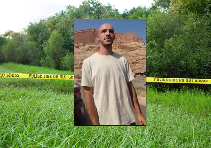 Police tape restricts access to Myakkahatchee Creek Environmental Park on October 20, 2021 in North Port, Florida. Brian Laundrie in Moab, Utah, on Aug. 12 (inset)