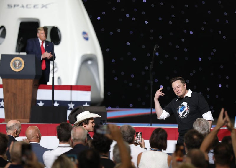 U.S. President Donald Trump acknowledges Spacex founder Elon Musk (R) after the successful launch of the SpaceX Falcon 9 rocket with the manned Crew Dragon spacecraft at the Kennedy Space Center on May 30, 2020 in Cape Canaveral, Florida. Earlier in the day NASA astronauts Bob Behnken and Doug Hurley lifted off an inaugural flight and will be the first people since the end of the Space Shuttle program in 2011 to be launched into space from the United States. (Photo by Joe Raedle/Getty Images)