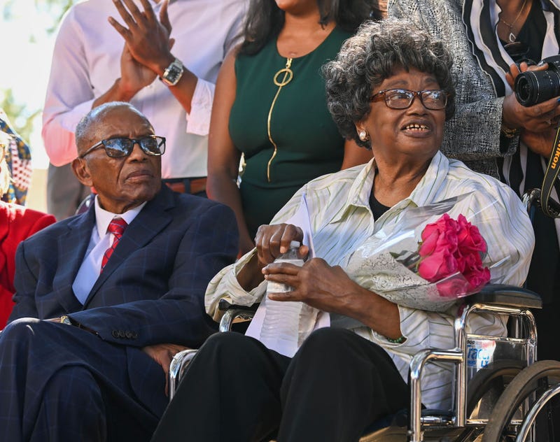 Civil rights attorney Fred Gray, left, and Claudette Colvin, 82, listen during a press conference after Colvin petitioned for her juvenile record to be expunged at the Montgomery County Family Court on October 26, 2021, in Montgomery, Alabama. Colvin was arrested on March 2, 1955 at the age of 15 and placed on indefinite probation in Montgomery for violating bus segregation ordinances by refusing to give up her seat on a bus, nine months before Rosa Parks. (Photo by Julie Bennett/Getty Images)