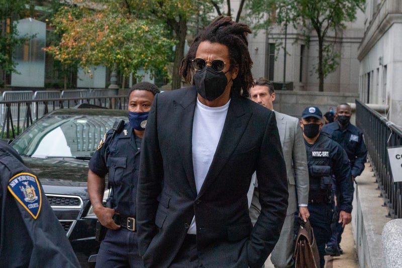 Recording artist Jay-Z exits New York City Supreme Court on October 29, 2021 in New York City. Jay-Z is being sued by fragrance firm Parlux for allegedly failing to meet commitments related to a fragrance they released together.