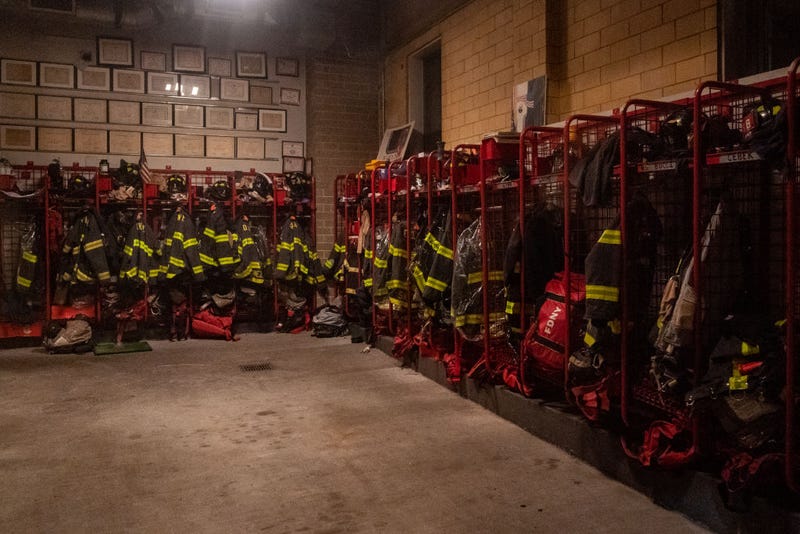 Firefighter uniforms at the station house of Fire Engine 1 on October 29, 2021 in New York City.
