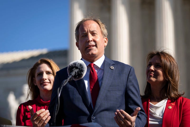 Texas Attorney General Ken Paxton speaks outside the U.S. Supreme Court on November 01, 2021 in Washington, DC. 