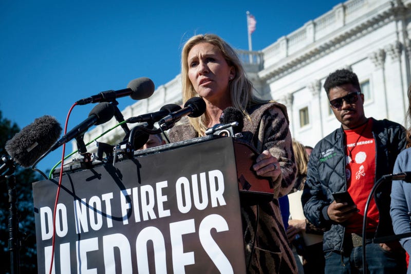 Rep. Marjorie Taylor Greene (R-GA) speaks during a press conference in front of the U.S. Capitol on November 1, 2021 in Washington, DC. The event was held to support first responders who may lose their jobs for refusing to get a COVID-19 vaccination. (Photo by Pete Marovich/Getty Images)