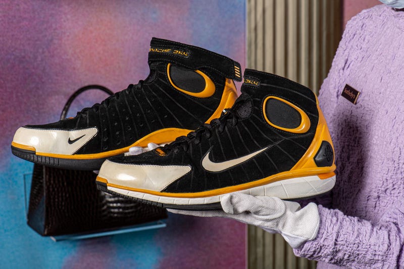Kobe Bryant Game Worn Nike Sneakers (estimate $27,000-$39,000) are being displayed for Fashion Through Time Online Sale until 11 November at Sotheby's Geneva on Nov. 2, 2021, in Switzerland.