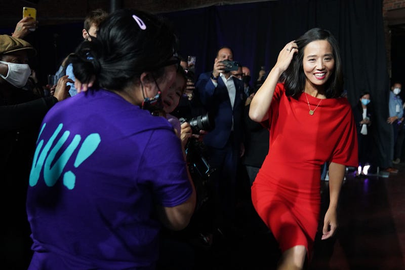 Michelle Wu greets supporters as she arrives at an election night event on November 2, 2021 in Boston, Massachusetts. Michelle Wu defeated fellow Democratic City Councilor Annissa Essaibi George and has been elected mayor, becoming the city's first woman and person of color to hold the post. (Photo by Allison Dinner/Getty Images)