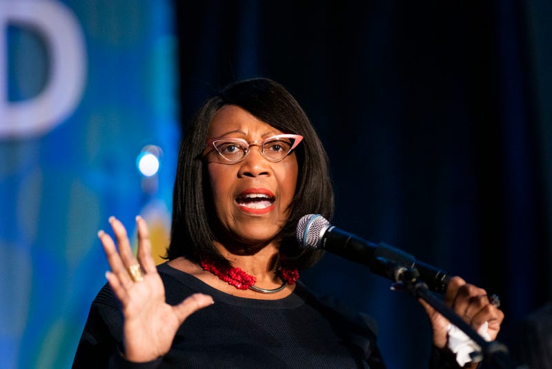 New Jersey Lt. Gov. Sheila Oliver speaks to supporters before New Jersey Gov. Phil Murphy's arrival for a victory speech at Grand Arcade at the Pavilion on Nov. 3, 2021, in Asbury Park, New Jersey.