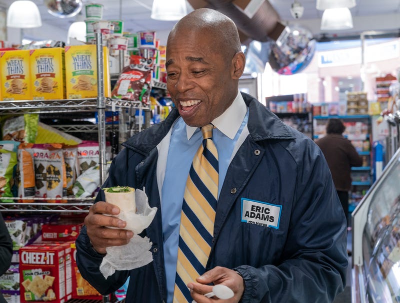 Mayor Eric Adams stops for lunch to try vegan sandwich by Plantega at Marinello's Gourmet Deli in Brooklyn on Nov. 3, 2021. Eric Adams is known as vegan and wrote a book about his plant-based diet.