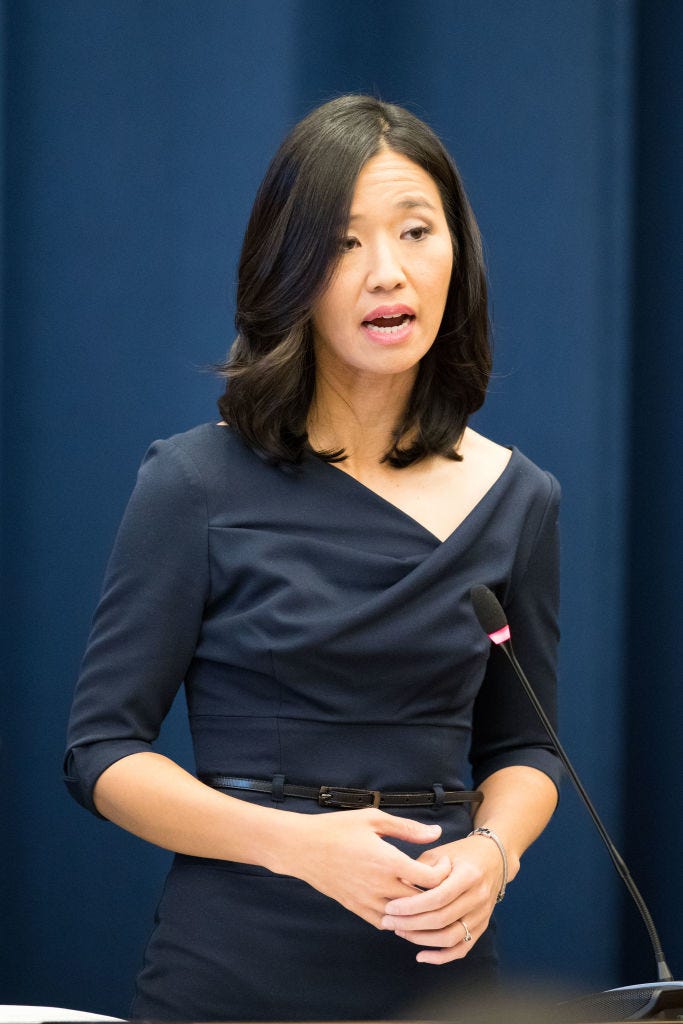 Boston mayor Michelle Wu delivers remarks after being sworn in on November 16, 2021 in Boston, Massachusetts. Wu is the city's first woman and person of color elected to the post. (Photo by Scott Eisen/Getty Images)
