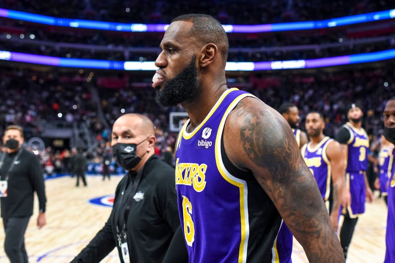LeBron James #6 of the Los Angeles Lakers is ejected from the game during the third quarter of the game against the Detroit Pistons at Little Caesars Arena on November 21, 2021, in Detroit.