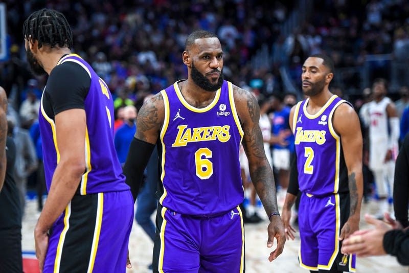 LeBron James #6 of the Los Angeles Lakers looks on as he is ejected from the game during the third quarter of the game against the Detroit Pistons at Little Caesars Arena on November 21, 2021, in Detroit.