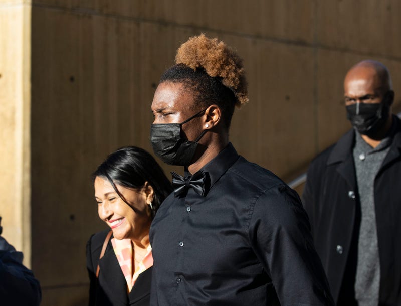 Former Las Vegas Raiders player Henry Ruggs III leaves court after an appearance at the Regional Justice Center on November 22, 2021 in Las Vegas