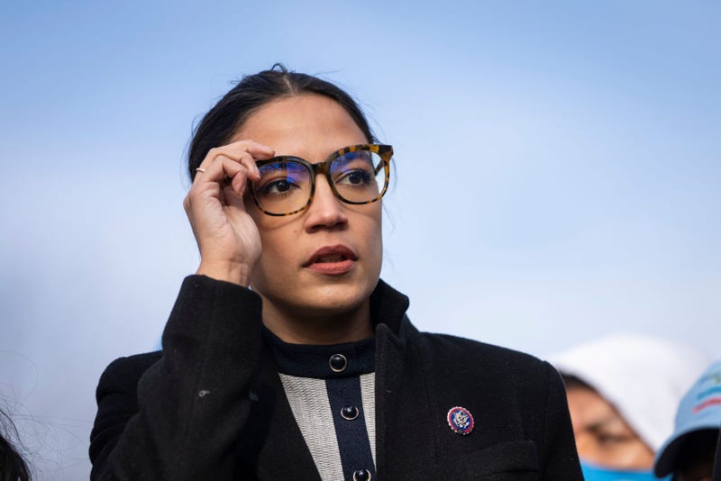 Rep. Alexandria Ocasio-Cortez (D-NY) prepares to speak during a rally for immigration provisions to be included in the Build Back Better Act outside the U.S. Capitol December 7, 2021 in Washington, DC.
