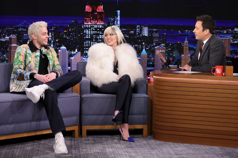 Actor Pete Davidson and singer Miley Cyrus during an interview with host Jimmy Fallon on Thursday, December 9, 2021.