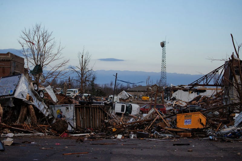 Heavy damage is seen downtown after a tornado swept through the area on December 11, 2021 in Mayfield, Kentucky. Multiple tornadoes tore through parts of the lower Midwest late on Friday night leaving a large path of destruction -- including a derailed train in another part of the state -- and unknown fatalities. (Photo by Brett Carlsen/Getty Images)