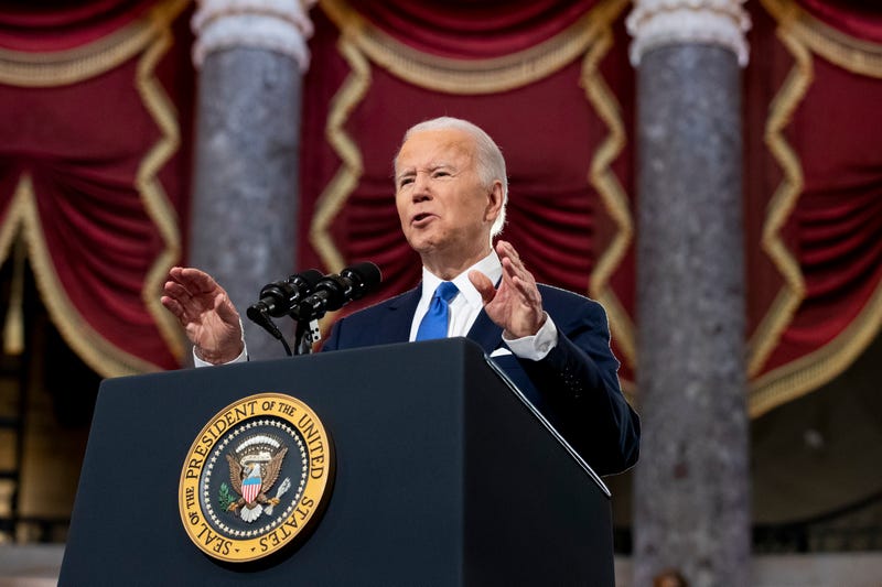U.S. President Joe Biden delivers remarks on the one-year anniversary of the January 6th insurrection in Statuary Hall of the U.S. Capitol on January 6, 2022 in Washington, DC. One year ago, supporters of President Donald Trump attacked the U.S. Capitol Building in an attempt to disrupt a congressional vote to confirm the electoral college win for Joe Biden.
