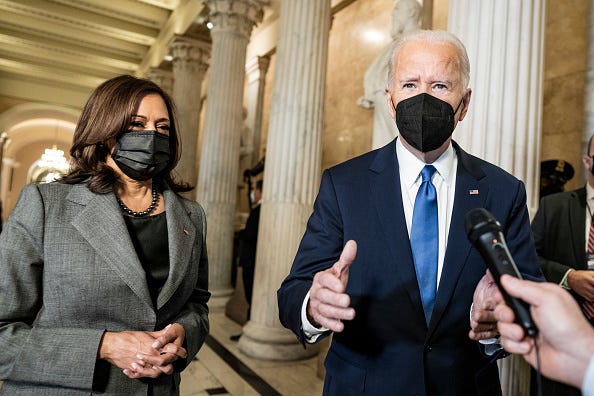 President Joe Biden speaks to the media as he departs with Vice President Kamala Harris.