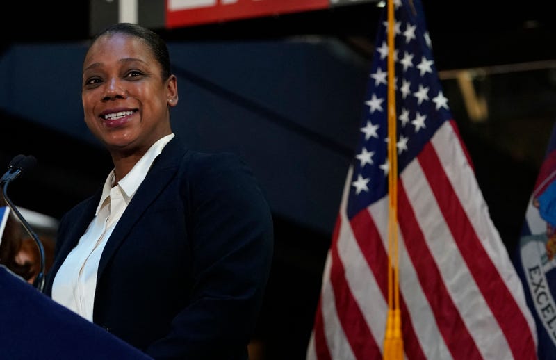 NYPD Commissioner Keechant Sewell speaks at a press conference at the Fulton Street Station January 6, 2022.