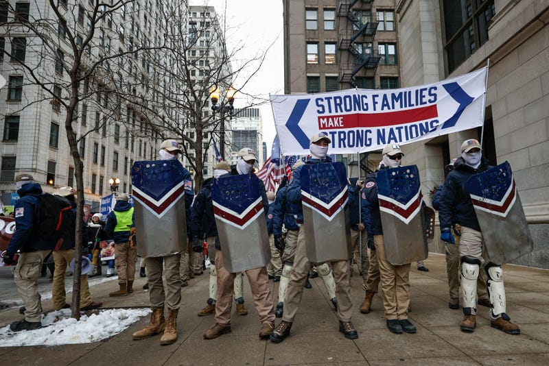 The white nationalist group Patriot Front attends the March For Life on January 8, 2022 in Chicago, Illinois. Rally and march were a part of three day annual public event.