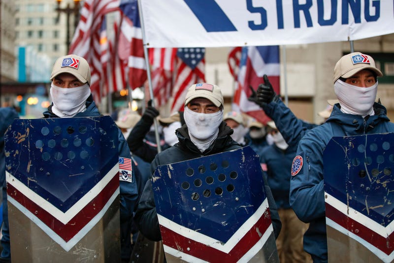 The white nationalist group Patriot Front attends the March For Life on January 8, 2022 in Chicago, Illinois. Rally and march were a part of three day annual public event.