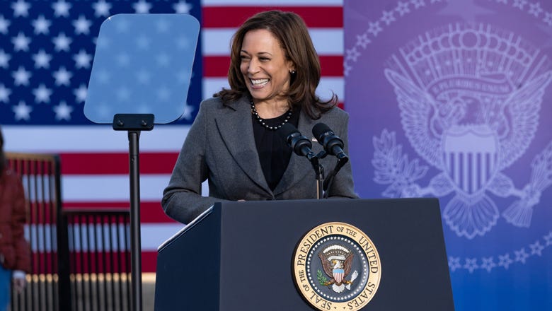 Vice President Kamala Harris speaks to a crowd at the Atlanta University Center Consortium, part of both Morehouse College and Clark Atlanta University on Jan. 11, 2022, in Atlanta, Georgia