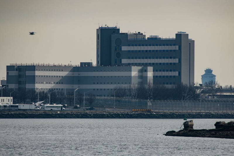 A general view shows the Rikers Island jail complex in the East River of New York, from Queens, on January 13, 2022. 