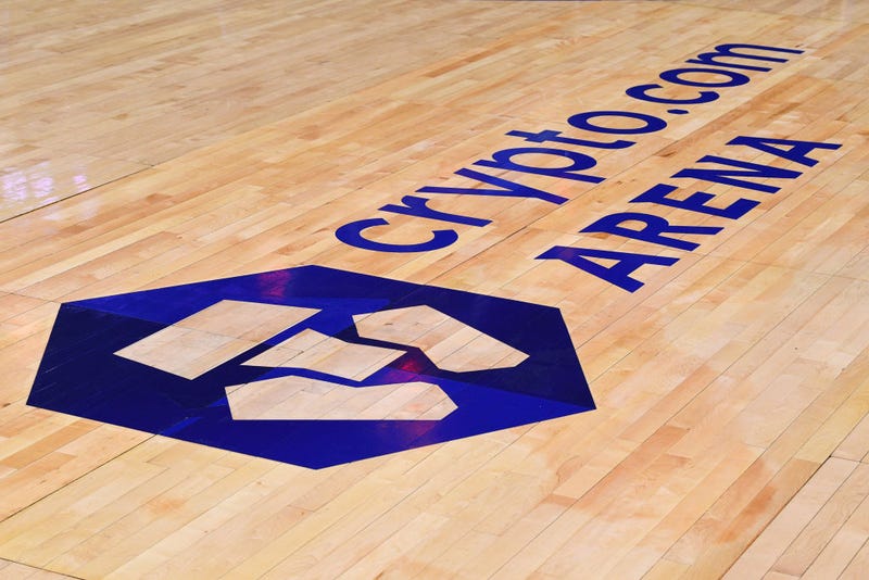 The Crypto.com Arena sign on the court during an NBA game between the Memphis Grizzlies and the Los Angeles Clippers on January 8, 2022, at Crypto.com Arena in Los Angeles.