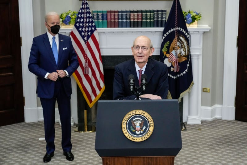 U.S. President Joe Biden looks on as U.S. Supreme Court Associate Justice Stephen Breyer speaks about his coming retirement in the Roosevelt Room of the White House on January 27, 2022 in Washington, DC. Appointed by President Bill Clinton, Breyer has been on the court since 1994. His retirement creates an opportunity for President Joe Biden, who has promised to nominate a Black woman for his first pick to the highest court in the country.