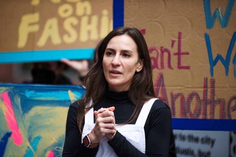 NY State Senator Alessandra Biaggi attends The Fashion Act Rally held by the Button and Needle Sculpture in Manhattan of New York City, United States on February 12, 2022 to protest climate change and on fashion coalition to demand end to fashion's race to the bottom.