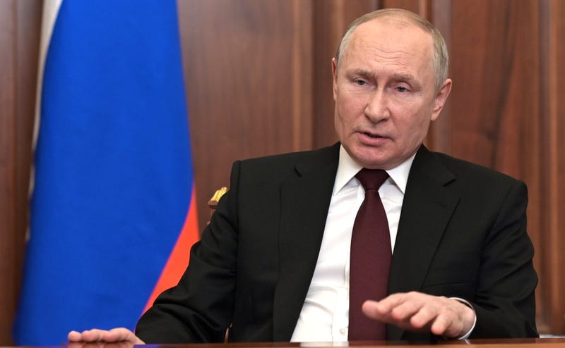 Russia's President Vladimir Putin addresses the nation in Moscow, Russia on February 22, 2022. 