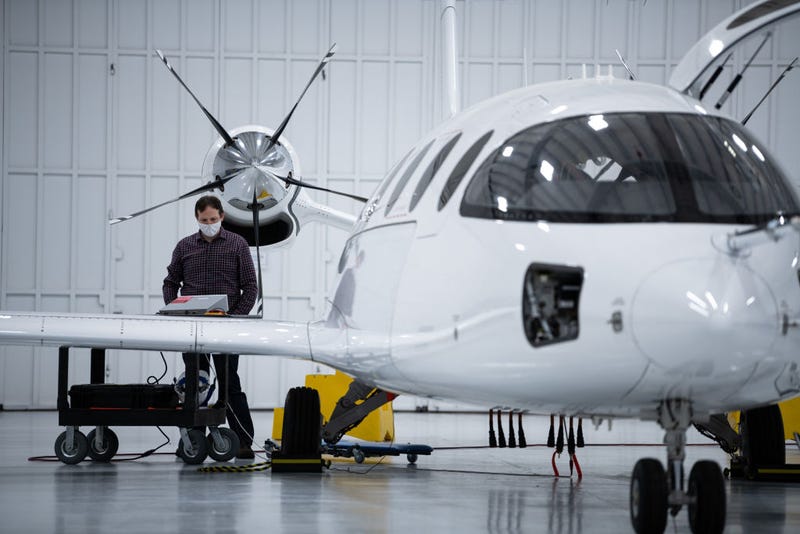 Eviation Aircraft engineers ready Alice for a taxi test on February 25, 2022 in Arlington, Washington. 