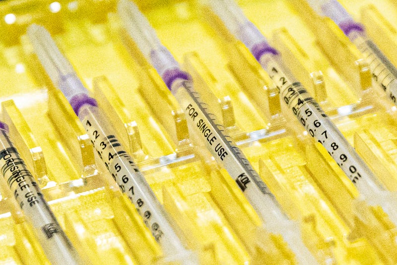 Syringes with a shot of the Nuvaxovid vaccine against Covid-19 by Novavax are prepared to to use at the Tegel vaccination center on February 28, 2022 in Berlin, Germany.