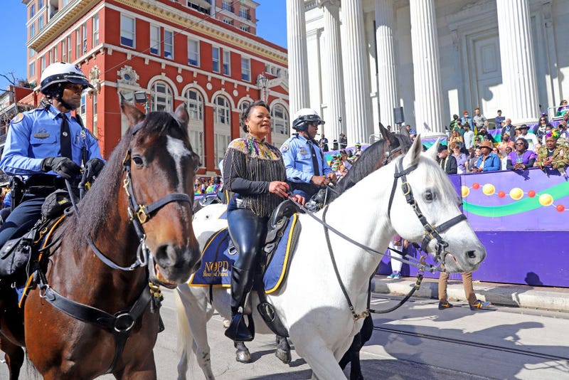 New Orleans Mayor LaToya Cantrell arrives by horseback at the reviewing stand at Gallier Hall as the 1,500 riders of the Krewe of Zulu roll down St. Charles Avenue on Mardi Gras Day with their 44-float parade entitled Zulu Salutes Divas and Legends on March 1, 2022 in New Orleans, Louisiana. Parades returned to the streets of New Orleans for the 2022 Carnival season after being cancelled last year due to the COVID pandemic. (Photo by Michael DeMocker/Getty Images)