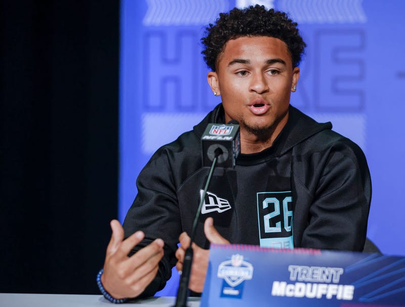 Trent Mcduffie of the Washington Huskies speaks to reporters during the NFL Draft