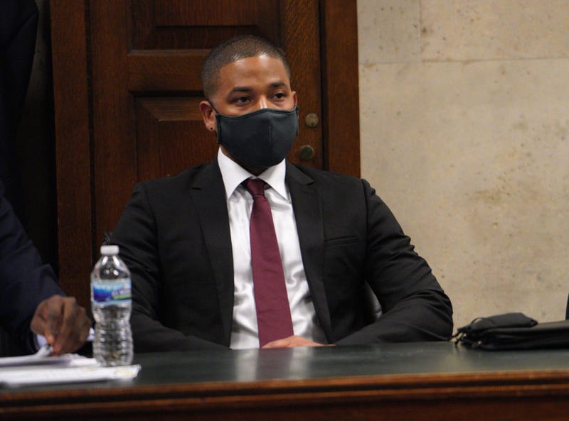 Actor Jussie Smollett appears at his sentencing hearing at the Leighton Criminal Court Building on March 10, 2022 in Chicago, Ill. Smollett was found guilty last year of lying to police about a hate crime after he reported that two masked men physically attacked him, yelling racist and anti-gay remarks near his Chicago home in 2019.