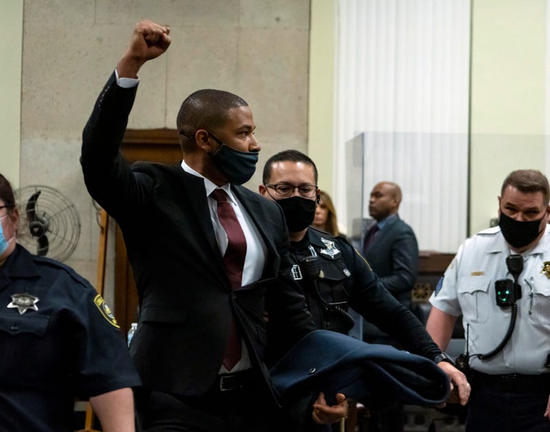 Actor Jussie Smollett is led out of the courtroom after being sentenced at the Leighton Criminal Court Building on March 10, 2022 in Chicago, Illinois.