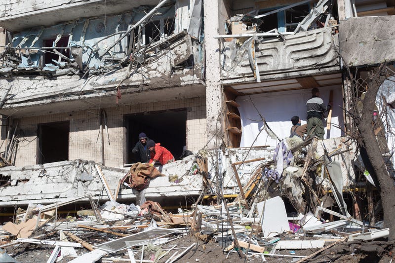 A view to the residential building in Mostytska Street which got hit by a rocket on March 15, 2022 in Kyiv, Ukraine