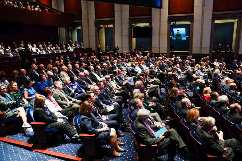 Ukrainian President Volodymyr Zelenskyy delivers a virtual address to Congress at the U.S. Capitol on March 16, 2022 in Washington, DC