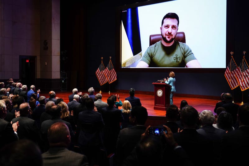 Ukrainian President Volodymyr Zelenskyy delivers a virtual address to Congress at the U.S. Capitol on March 16, 2022 in Washington, DC. Zelenskyy addressed Congress as Ukraine continues to defend itself from an ongoing Russian invasion.