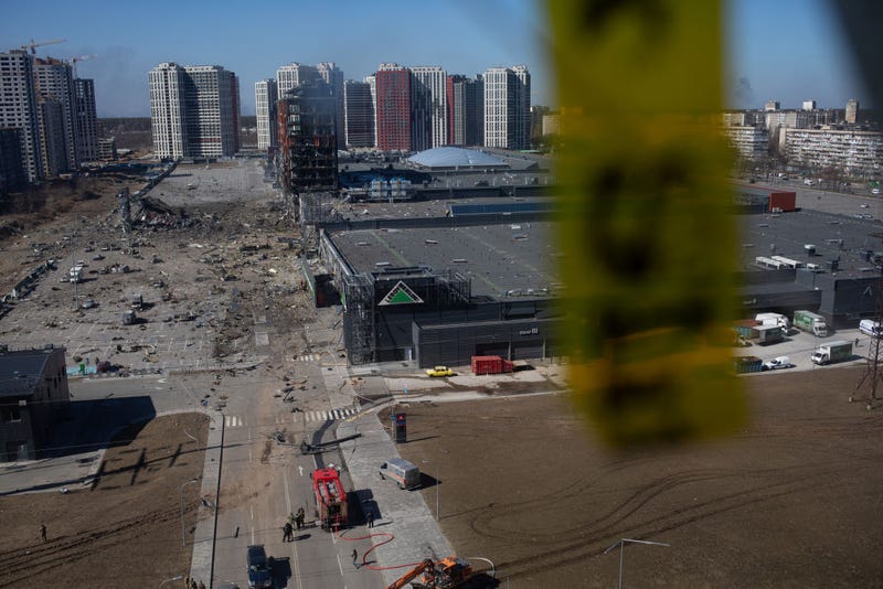A view to the site of an explosion as a result of a missile strike into the shopping mall on March 21, 2022 in Kyiv, Ukraine.