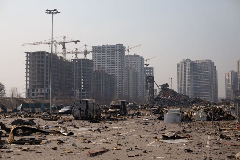 The site of a rocket explosion where a shopping mall used to be on March 23, 2022 in Kyiv, Ukraine.