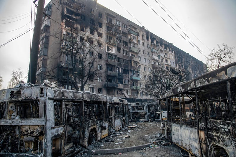 A line of buses placed by Ukrainian Azov Battalion defenders to impede the advance of Russian / pro-Russian forces as they fight deeper into the city. The battle between Russian / Pro Russian forces and the defencing Ukrainian forces lead by Azov battalion continues in the port city of Mariupol.