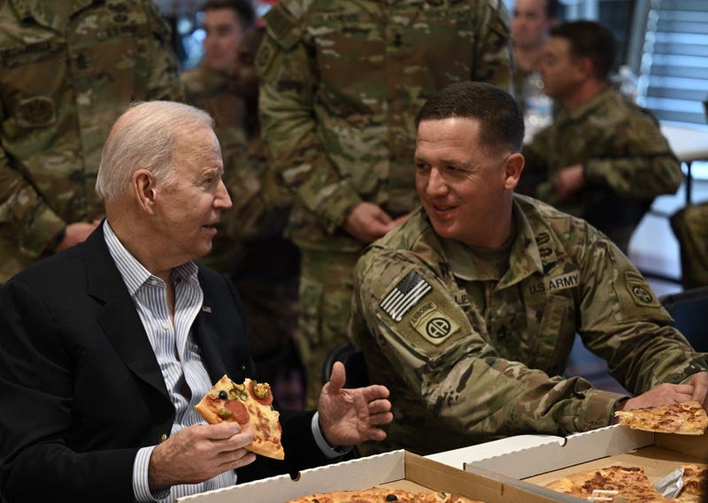 US President Joe Biden meets service members from the 82nd Airborne Division, who are contributing alongside Polish Allies to deterrence on the Alliances Eastern Flank, in the city of Rzeszow in southeastern Poland, around 100 kilometres (62 miles) from the border with Ukraine, on March 25, 2022. 