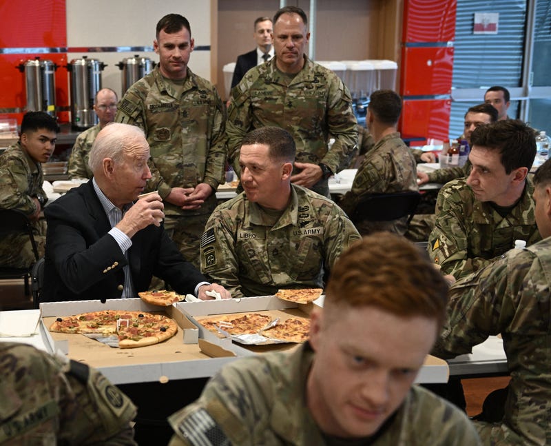 US President Joe Biden meets service members from the 82nd Airborne Division, who are contributing alongside Polish Allies to deterrence on the Alliances Eastern Flank, in the city of Rzeszow in southeastern Poland, around 100 kilometres (62 miles) from the border with Ukraine, on March 25, 2022. 