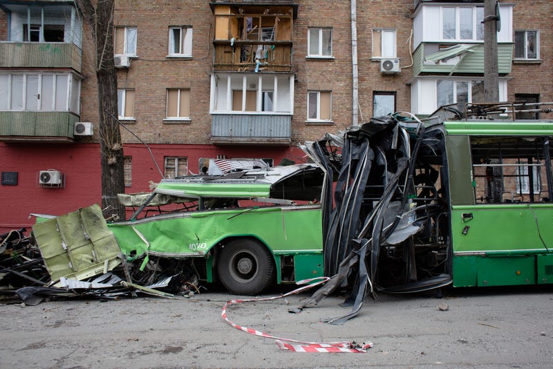 A view of a destroyed tram as a result of a rocket strike in the area few weeks ago on March 28, 2022 in Kyiv, Ukraine