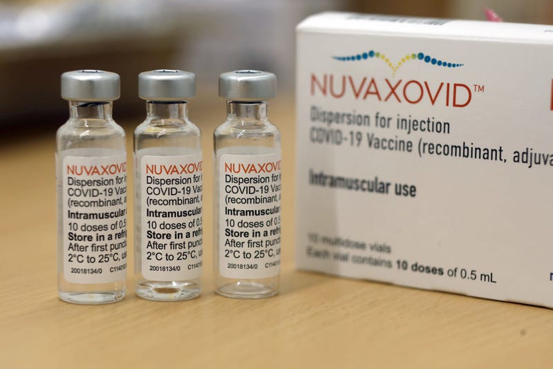 Ampoules containing the new Corona vaccine Nuvaxovid from the manufacturer Novavax sit on a table at a vaccination center.