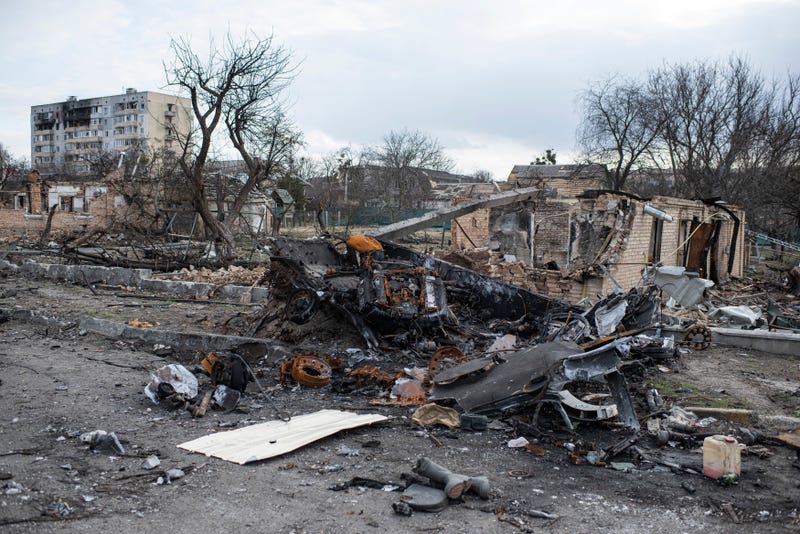 Destroyed Russian military vehicles are seen on the street on April 4, 2022 in Bucha, Ukraine