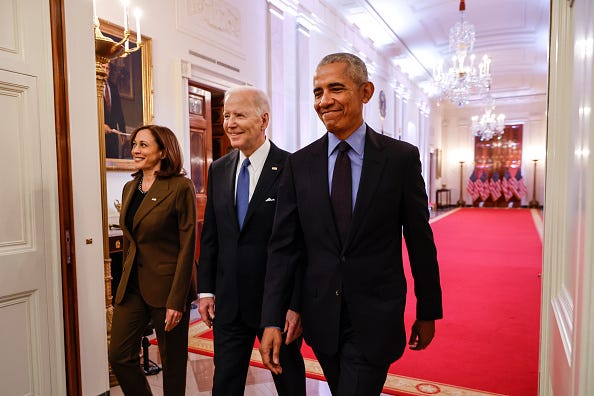 (L-R) Vice President Kamala Harris, former President Barack Obama, and U.S. President Joe Biden arrive for an event to mark the 2010 passage of the Affordable Care Act in the East Room of the White House on April 5, 2022 in Washington, DC. 