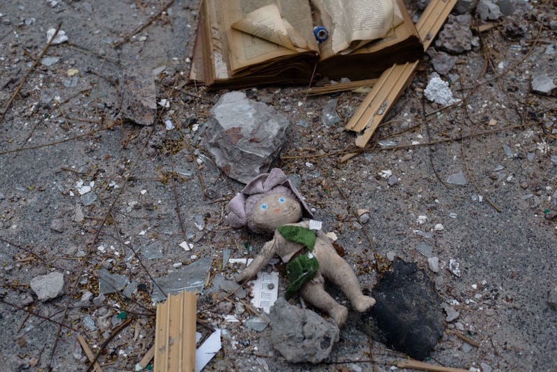 A book and a toy as seen in the rubble of a residential building on April 5, 2022 in Borodianka, Ukraine. The Russian retreat from Borodianka and other towns near Kyiv have revealed the extent of devastation from that country's failed attempt to seize the Ukrainian capital.