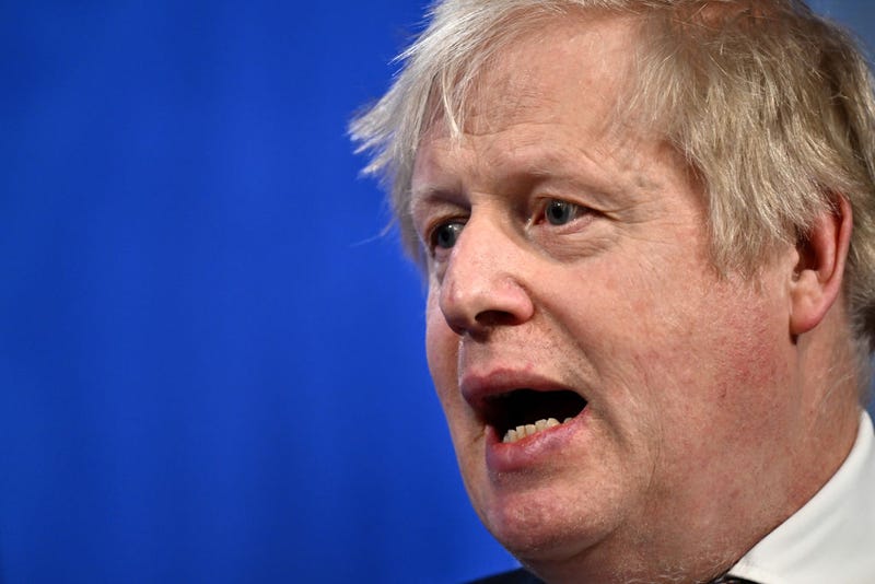 Britain's Prime Minister Boris Johnson speaks during a joint press conference with Germany's Chancellor Olaf Scholz (not pictured) inside the Downing Street briefing room following a bilateral meeting at 10 Downing Street on April 8, 2022 in London, England. (Photo by Ben Stansall-WPA Pool/Getty Images)